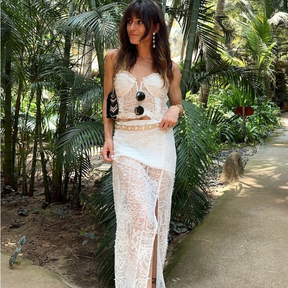 12th Tribe Vienna Lace White Maxi Skirt Corset Top Set